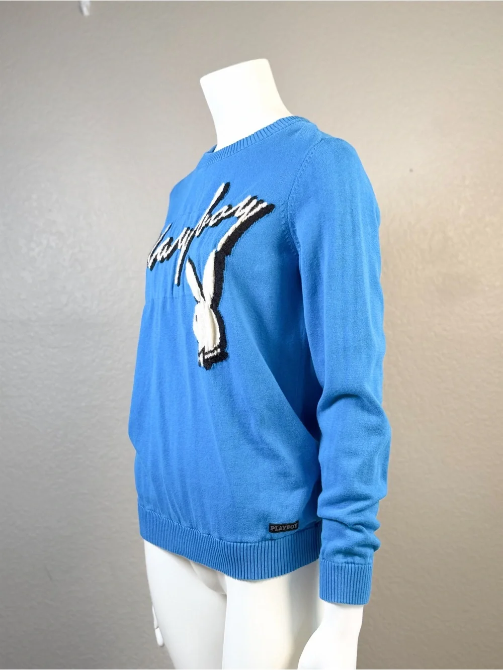 Playboy Blue Bunny Logo Cotton Sweater Y2K Graphic Knit Top Small